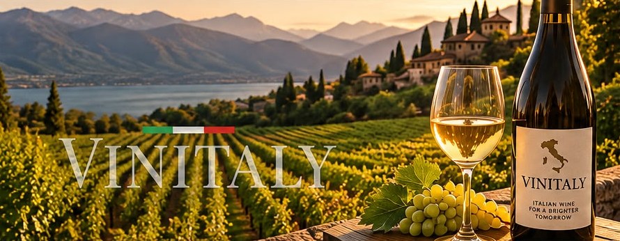 Italian vineyard at sunset with a glass of white wine